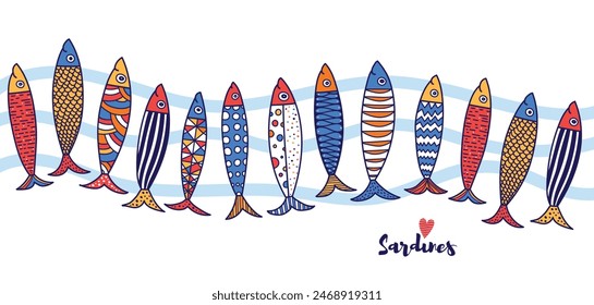 Vector poster with cute sardine. Cute illustration. Interior posterю