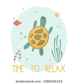 vector poster with cute sea turtle that swimming in the water with fish and shell