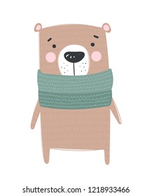 Vector poster with cute winter bear in cozy clothes. Doodle illustration. Winter holidays, baby shower, birthday, children's party

