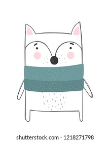 Vector poster with cute winter fox in cozy clothes. Doodle illustration. Winter holidays, baby shower, birthday, children's party

