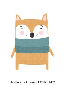 Vector poster with cute winter fox in cozy clothes. Doodle illustration. Winter holidays, baby shower, birthday, children's party
