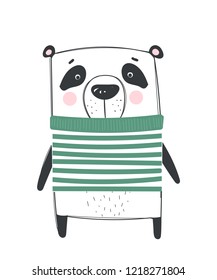 Vector poster with cute winter panda in cozy clothes. Doodle illustration. Winter holidays, baby shower, birthday, children's party
