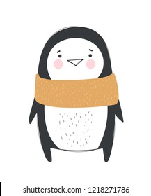Vector poster with cute winter penguin in cozy clothes. Doodle illustration. Winter holidays, baby shower, birthday, children's party
