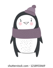 Vector poster with cute winter penguin in cozy clothes. Doodle illustration. Winter holidays, baby shower, birthday, children's party
