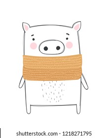 Vector poster with cute winter pig in cozy clothes. Doodle illustration. Winter holidays, baby shower, birthday, children's party