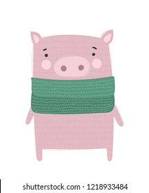 Vector poster with cute winter pig in cozy clothes. Doodle illustration. Winter holidays, baby shower, birthday, children's party
