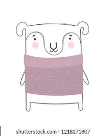 Vector poster with cute winter sheep in cozy clothes. Doodle illustration. Winter holidays, baby shower, birthday, children's party
