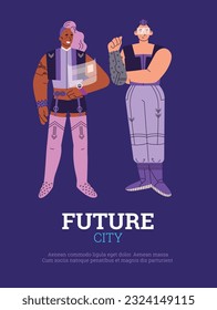 Vector poster with cyberpunk robotic people from future metaverse city. Cyborg human with futuristic prostheses. Cartoon characters of humanoid and artificial intelligence. Scientific innovation