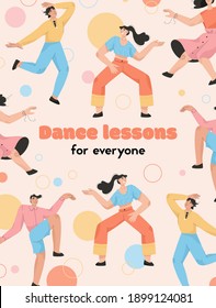 Vector poster of Dance lessons for Everyone concept. Male and female dancers dancing together. Men and women training at studio. Hobby or profession. Character illustration of advertising banner