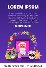 Vector poster with the Death Day tradition depicting an altar with a portrait of a deceased elderly man and decorated with flowers, candles, skulls