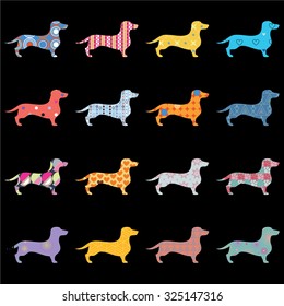 Vector poster with decorative dogs Dachshund and double exposure