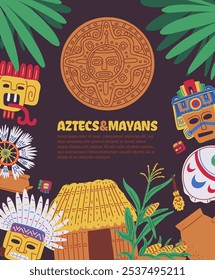 Vector poster dedicated to the Aztecs and Maya. Images of masks, shamanic tambourine, symbols, totems and artifacts of the indigenous peoples of America.