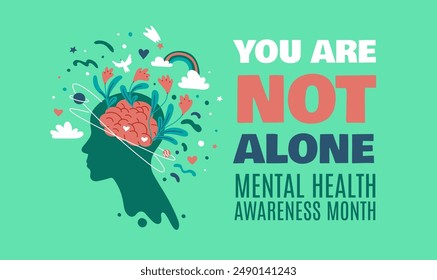 A vector poster dedicated to mental health care. The silhouette of a man on a green background surrounded by flowers and rainbows symbolizing tranquility and joy