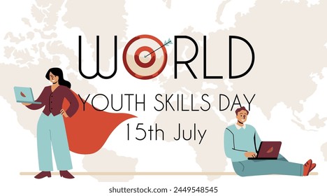 A vector poster dedicated to the World Youth Professional Development Day depicts a young girl and a guy with laptops demonstrating talents and professional development.