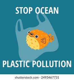 Ein Plakat mit einer Vektorgrafik, auf dem ein Kugelfisch zu sehen ist, der in einer Plastiktüte im Meer steckt. Ökologische Grafiken eignen sich hervorragend für das Design zum Thema Umweltschutz