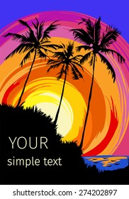 vector poster depicting a tropical sunset on Vagator, Goa, India with palm trees and space for text