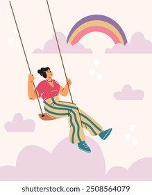 Vector poster depicting a young woman in a T-shirt and striped pants riding on a swing. The background includes pink clouds, hearts and a colorful rainbow. Self love concept. Flat style.