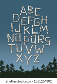 Vector poster design of alphabet made of birch tree logs. Hand drawn font for your rustic design.