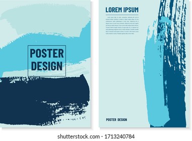Diseño de afiches vectoriales con salpicaduras de grano azul. Pinceles textura abstracta. Plantilla de diseño para tarjetas de invitación. Grungy página de diseño. Plato de tinta. Tapa azul del folleto.