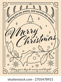 Vector poster design of a Christmas greeting card with Christmas ornaments in lineart illustration style
