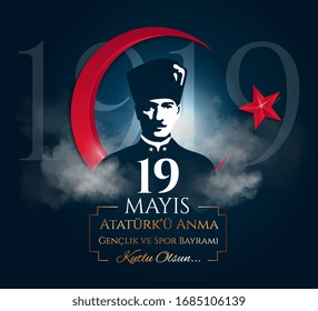 Vector poster design to commemorate the landing of Mustafa Kemal at Samsun on May 19, 1919 beginning the Turkish war of Independence. Translation: Commemoration of Ataturk, Youth and Sports Day.