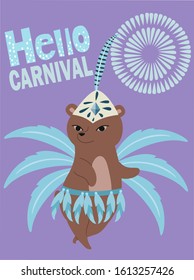 Vector poster design with cute carnival bear in bright modern costume. Kids art decoration in flat style. Design element for carnival concept and other use.