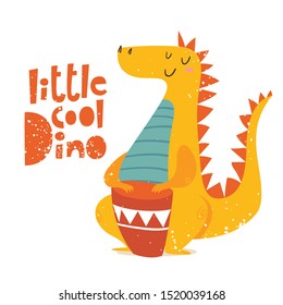 Vector  poster design with cute dino play music and lettering Little cool dino. Kids art decoration in flat retro style. Cool T-shirt design. 