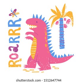Vector poster design with cute Dinosaur Tyrannosaurus Rex and lettering  Roar