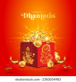 Vector Poster Design des Festivals dhanteras. Happy dhanteras Text mit Geschenkbox aus goldenen Münzen, Geld, Reichtum, Göttin Lakshmi und Diwali Licht.