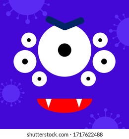 Vector poster design. Vector flat blue virus happy evil face on blue background. Poster design for books cartoons, magazines, web