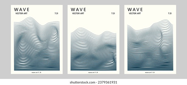 Vektorplakatdesign mit Fließen und Kurvenlinien, Wellen. Abstrakte geometrische Kunst mit Platz für Text. Set von futuristischen Wave Design für Banner, Dekor, Druck, Poster, Druck.	