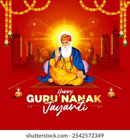 Projeto de cartaz vetorial para Guru Nanak jayanti. Gugu Nanak, guru sikh indiano. Cartão comemorativo, cartaz, banner e postagem de mídia social.