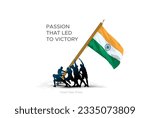 Vector poster design of India independence day. People, Army, soldiers raising tricolor flag. India freedom Patriotic background.