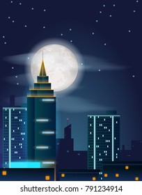 Vector poster design with night city buildings and full moon and stars on dark sky. Dark metropolis landscape with skyscrapers