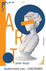 Vector poster design with sculpture of female bust, geometric shapes. Minimal creative design. Illustration of sculpture. Design of banner, poster, advertising, website. Art space, art school concept.