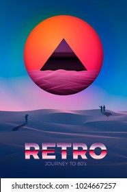 Vector poster design template in 80s retro futurism style, with bright sun with triangle pyramid inside and people gaze on it. Journey concept.