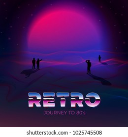 Vector poster design template in 80s retro futurism style, with futuristic violet sun and people gaze on it. Journey concept.