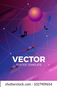 Vector poster design template in 80s retro futurism style, with futuristic newborn sun and people gaze on it. Journey concept.