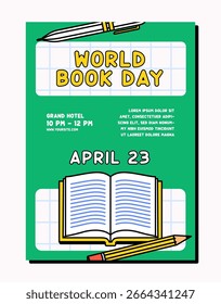 Diseño de póster de Vector para el Día Mundial del Libro, el diseño incluye una ilustración de libro abierto, lápices y un patrón de cuadrícula, con detalles del evento como ubicación, hora y fecha en estilo de ilustración de dibujos animados