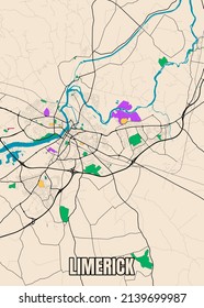 Vector poster detailed city map Limerick, Ireland. Data From OpenStreetMap.