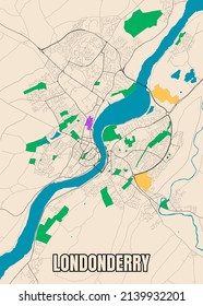 Afiche del vector mapa detallado de la ciudad de Londonderry, datos de Irlanda del Norte de OpenStreetMap.