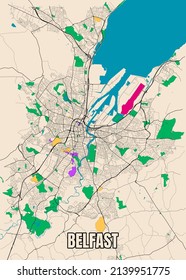 Afiche de vectores detallado del mapa de la ciudad de Belfast, datos de Irlanda del Norte de OpenStreetMap.