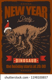 Vector poster with a dinosaur in the hat of Santa Claus. Vintage holiday poster