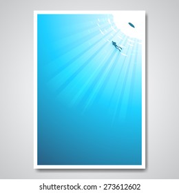 Vector poster with diver in the sea and  sun rays pass through the water