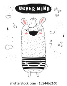 Vector poster with doodle funny lama and hipster slogan. Perfect for baby shower, postcard, label, brochure, flyer, page, banner design, shirt print.