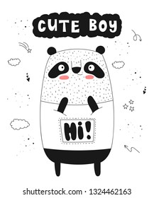 Vector poster with doodle funny panda and hipster slogan. Perfect for baby shower, postcard, label, brochure, flyer, page, banner design, shirt print.