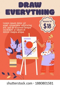 Vector poster of Draw Everything concept. Woman painter draws abstract picture on canvas at easel, revealing inner world. Artist drawing at art studio. Character illustration of advertising banner