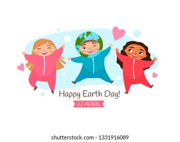 Vector poster for the Earth day. Illustration of a cute boy in Earth costume and girls in pink costume
