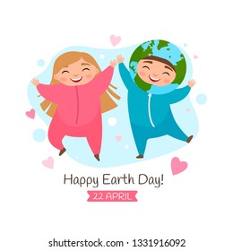 Vector poster for the Earth day. Illustration of a cute boy in Earth costume and girl in pink costume
