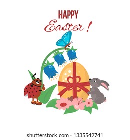 Vector poster with Easter Egg and cute bunny, butterfly and ladybug . For holiday flyer and banner design.